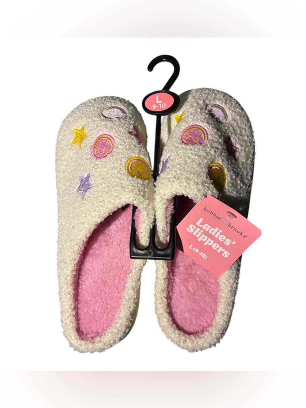 NWT Bobbie Brooks Cream White with Star and Smile Embroidery Ladies Slippers